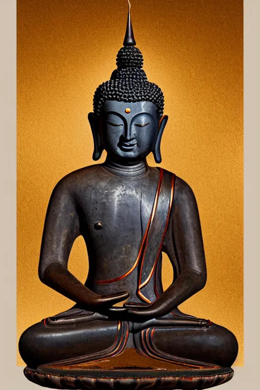 Prompt: beautiful full - bodied portrait depicted buddha, clothed with an glass canelian agate beads, dongson bronze artifacts, leather, elegant and rich cloth made of fur and leather. he wears on head a helmet made of bronze, hands raised toward sky, looking up, matte illustration, golden ratio composition, poster, volumetric lighting, 4 k