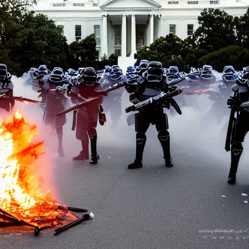 Prompt: a still candid image of hundreds of stormtropers rioting in front of a the white house in washington.!!!, dusk, fire, smoke, kaos, flaming torches and flags