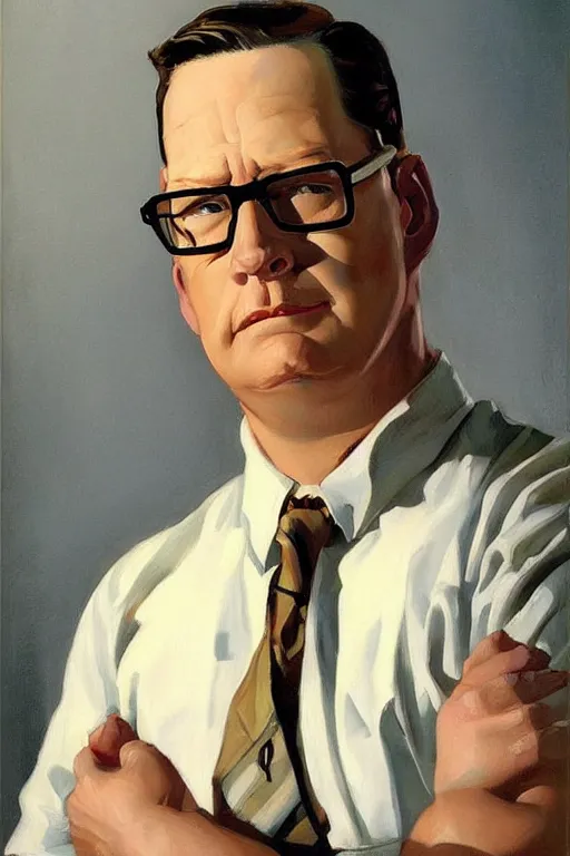 Prompt: kind faced, chubby hank hill, blank expression, painting by jc leyendecker!! phil hale!, angular, brush strokes, painterly, vintage, crisp