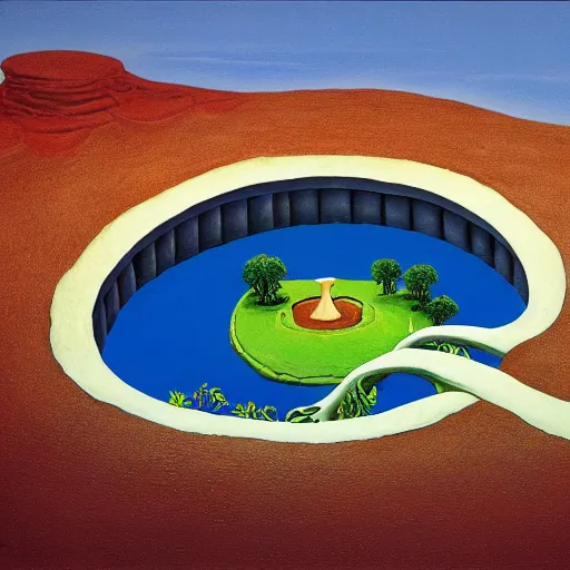 Prompt: a cylindrical pit in the ground, painting by Roger Dean