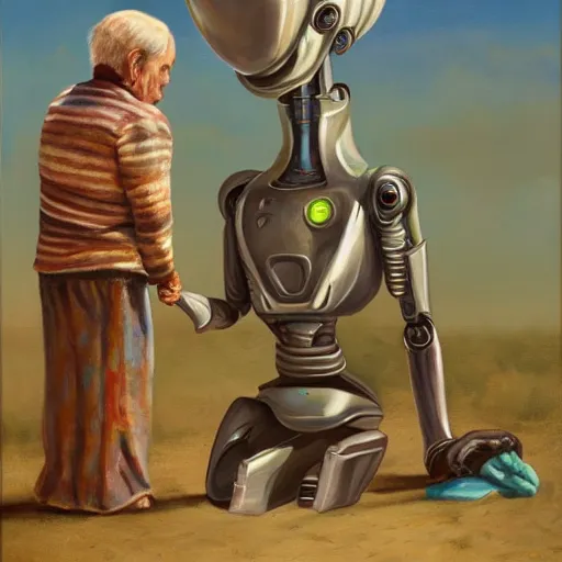 Image similar to a robot missionary trying to convert an alien to christanity, oil on canvas