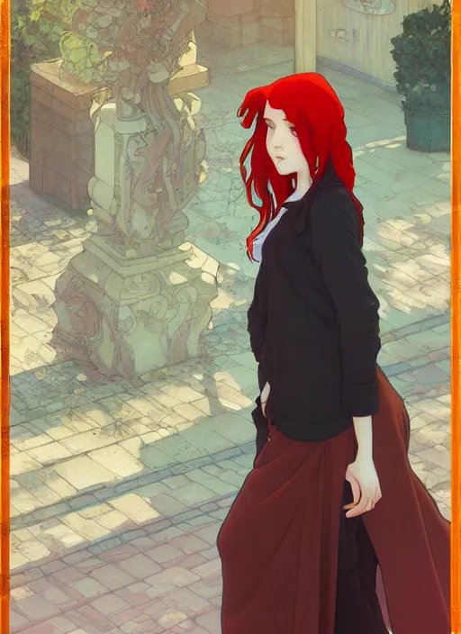 Image similar to young woman with long red hair standing at the corner of a busy street, path traced, highly detailed, high quality, digital painting, by studio ghibli and alphonse mucha, leesha hannigan, makoto shinkai, disney