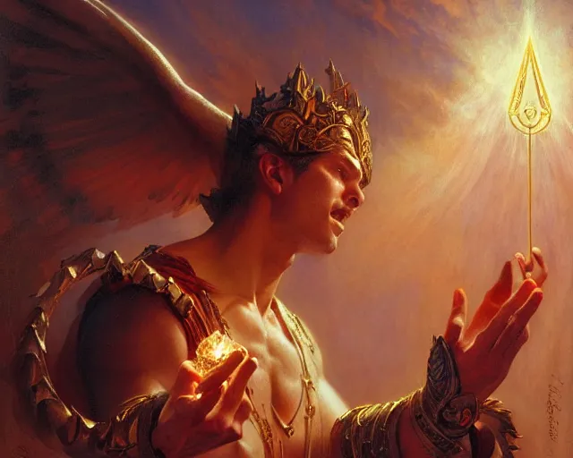 Image similar to attractive male deity, casting demonic magic, summoning handsome lucifer morning star. highly detailed painting by gaston bussiere, craig mullins, j. c. leyendecker 8 k