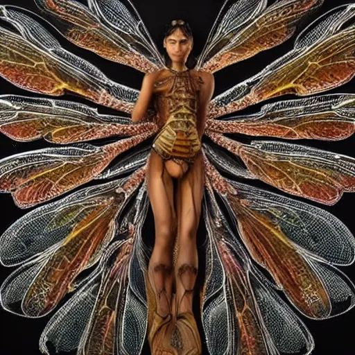 Image similar to brown woman wearing a translucent dragonfly armor. intricate. super detailed. layered. textured. award winning. dispersion of light. refracted lighting. soft. fragile.