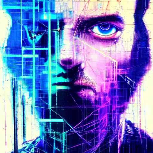 Image similar to hyperrealistic portrait of a cyberpunk character, adult man, long hair, glitch eyes, by Guy Denning, Johannes Itten, Derek Gores, Russ Mills, glitch art, smooth lines, fine detail, polished, complex, hacking effects, holographic, digital tech effects, blue and violet, color blocking!, realistic, acrylic on canvas, concept art, abstract!, symmetrical, 8k, concept art, octane, photorealistic, cgsociety, trending on artstation