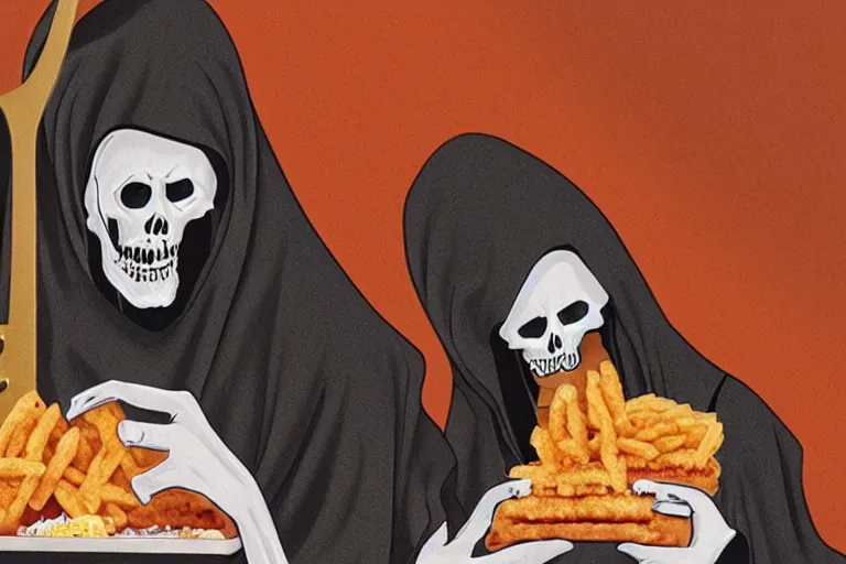 Image similar to the grim reaper eating mcnuggets