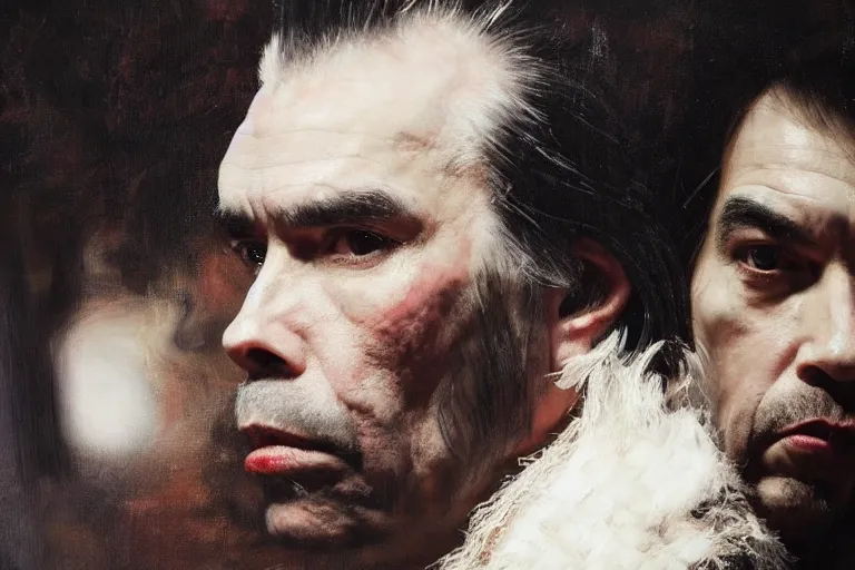 Prompt: a portrait of nick cave, masterpiece, dramatic lighting, stunning painting by ruan jia and caravaggio