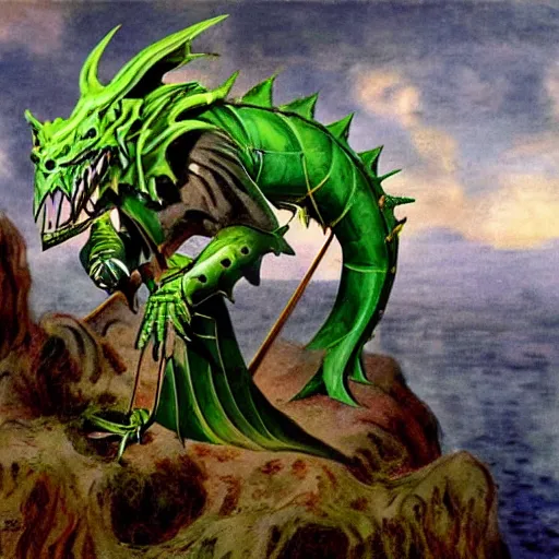 Image similar to Dragorborn bard with green scales, matte painting, Dali, Monet, dungeons and dragons