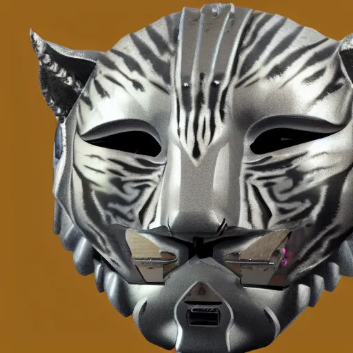 Image similar to silver tiger-like features on a humanoid face wearing space armor, yellow eyes, teeth like a saber tooth and fine grayish fur