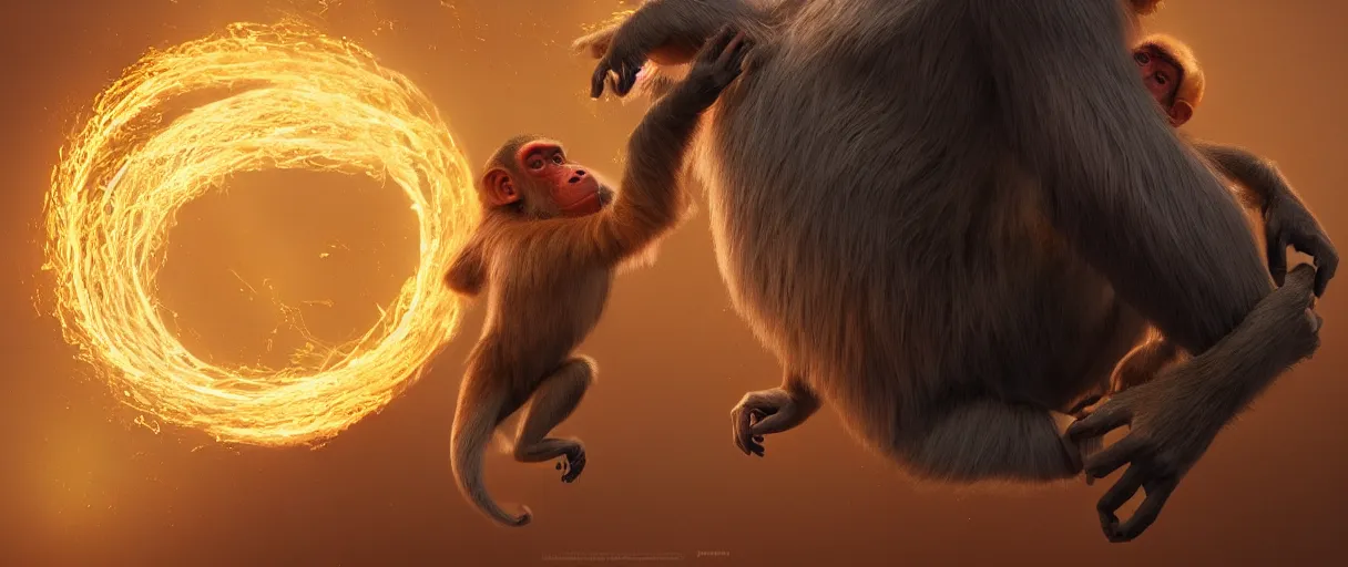 Prompt: A monkey floats in midair, encircled by a ring of fire. He wears a golden gown and his fur is wild and flowing. In his hands he holds a mass of sparkly black clay, super coherent, trending on artstation, single subject, female, magic, by Lulu Chen and Mandy Jurgens