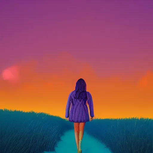 Image similar to portrait, giant purple dahlia flower head, girl walking between dunes, surreal photography, sunrise, blue sky, dramatic light, impressionist painting, digital painting, artstation, simon stalenhag