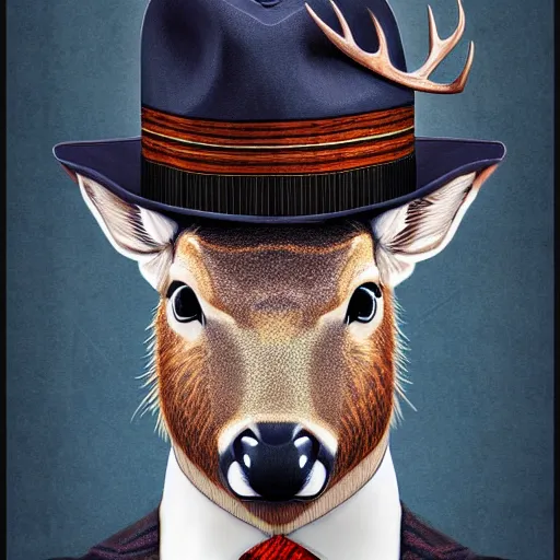 Image similar to a upper body portrait of a deer in a pinstriped suit and pants wearing a fedora with the antlers sticking out of the fedora adjusting his tie by artgerm and wlop, intricate detail, digital art, photorealistic, trending on artstation