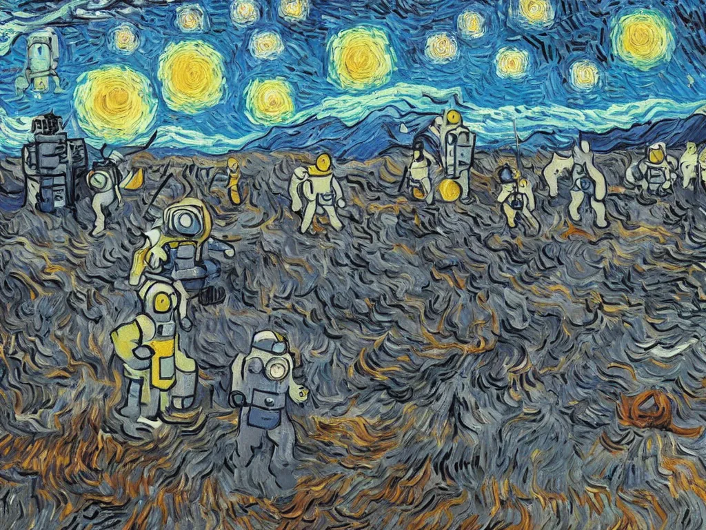 Prompt: bright beautiful oil painting of astronaut lands on a planet made of silly ghosts, light scatter, van gogh