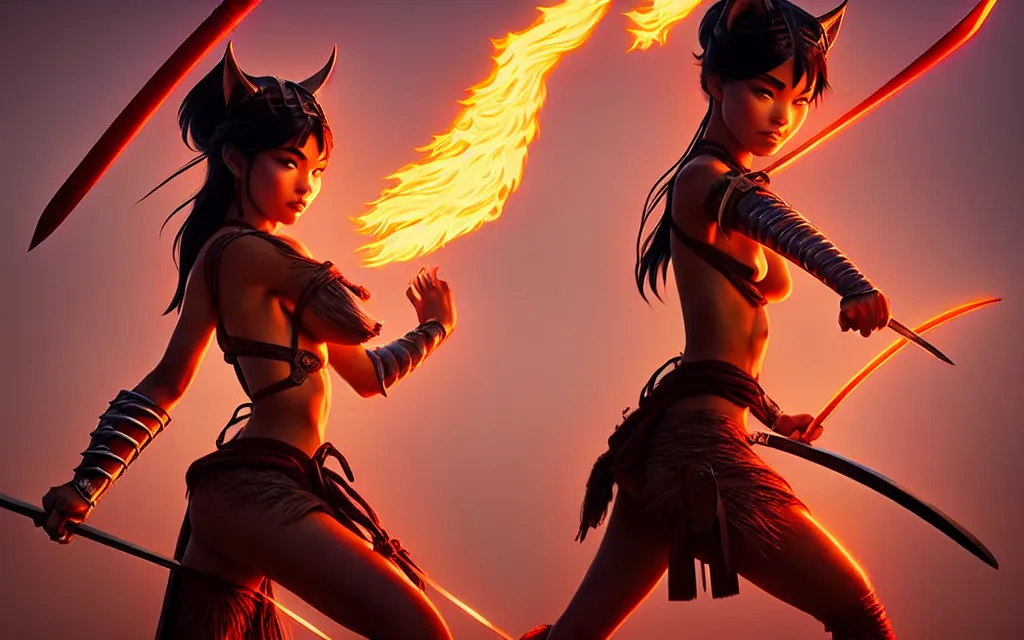 Prompt: weta disney pixar epic movie pinup shot of madison beer as samurai warrior catgirl by pixar : : flames : : by weta, greg rutkowski, wlop, ilya kuvshinov, rossdraws, artgerm, marvel, unreal engine, bright morning, anime