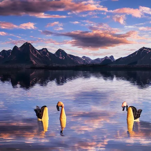 Image similar to photo of two black swans swimming in a beautiful reflective mountain lake, touching heads, forming a heart with their necks, a colorful hot air balloon is flying above the swans, hot air balloon, intricate, 8k highly professionally detailed, HDR, CGsociety