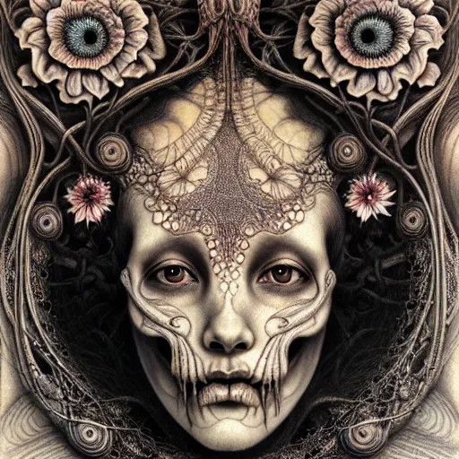 Prompt: detailed realistic beautiful calaveras death goddess face portrait by jean delville, gustave dore, iris van herpen and marco mazzoni, art forms of nature by ernst haeckel, art nouveau, symbolist, visionary, gothic, neo - gothic, pre - raphaelite, fractal lace, intricate alien botanical biodiversity, surreality, hyperdetailed ultrasharp porcelain