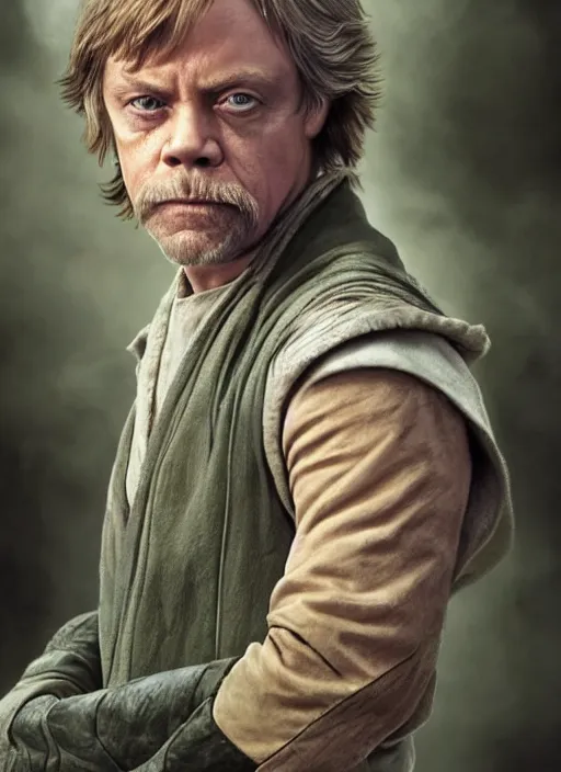 Image similar to beautiful character portrait, mark hamill young as luke skywalker ( from star wars 6 return of the jedi 1 9 8 3 ), ultra realistic, wide angle, intricate details, green smoke, dramatic lighting, highly detailed by peter mohrbacher, magali villeneuve, wayne barlowe, boris vallejo, greg rutkowski, dishonored 2