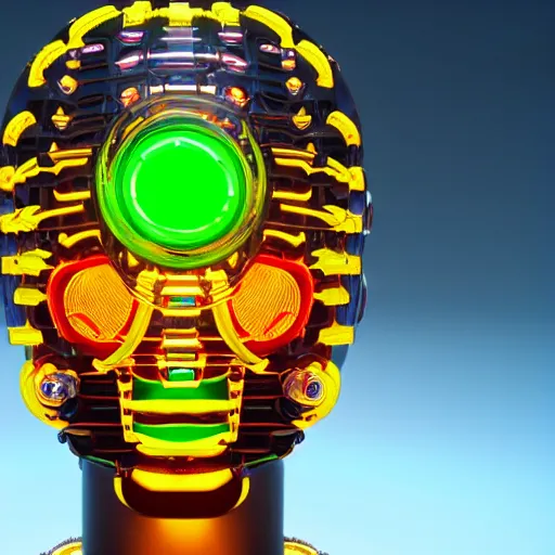 Prompt: a glossy claymodel of a futuristic robot head, top of the head is made of gears and multicolored glowing tubes, glowing digital eyes, 8 k, front shot, symetrical, flourescent colors, halluzinogenic, multicolored, insanely detailed, 3 d render, octane