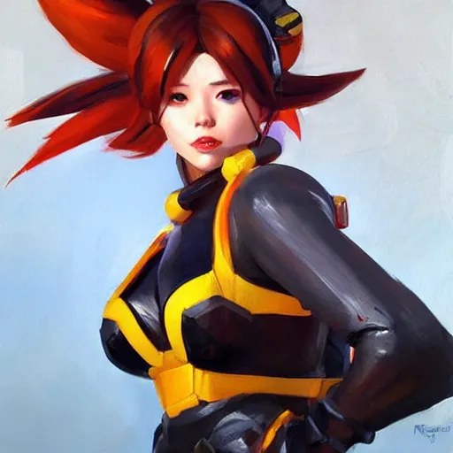 Image similar to greg manchess portrait painting of a asuka as overwatch character, medium shot, asymmetrical, profile picture, organic painting, sunny day, matte painting, bold shapes, hard edges, street art, trending on artstation, by huang guangjian and gil elvgren and sachin teng