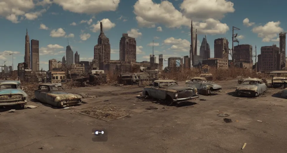 Image similar to wide angle shot of dilapidated fallout 5 new york city in real life, desolate with zombirs, dilapidated, empty streets, nightmarish, some rusted retro futuristic fallout vintage style parked vehicles, sunny weather, few clouds, volumetric lighting, photorealistic, daytime, autumn, sharp focus, ultra detailed, cgsociety