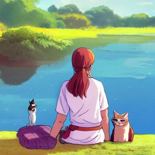 Image similar to girl sitting by the lake with her cat, sunshine, studio ghibli, trending on artstation