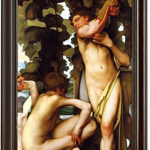 Prompt: biblical david and goliath are actually good friends and are having a pint together, by j. c. leyendecker, tamara de lempicka, bouguereau