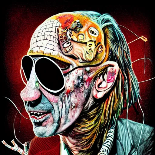 Prompt: graphic illustration, creative design, alice cooper, biopunk, francis bacon, highly detailed, hunter s thompson, mixed media, concept art