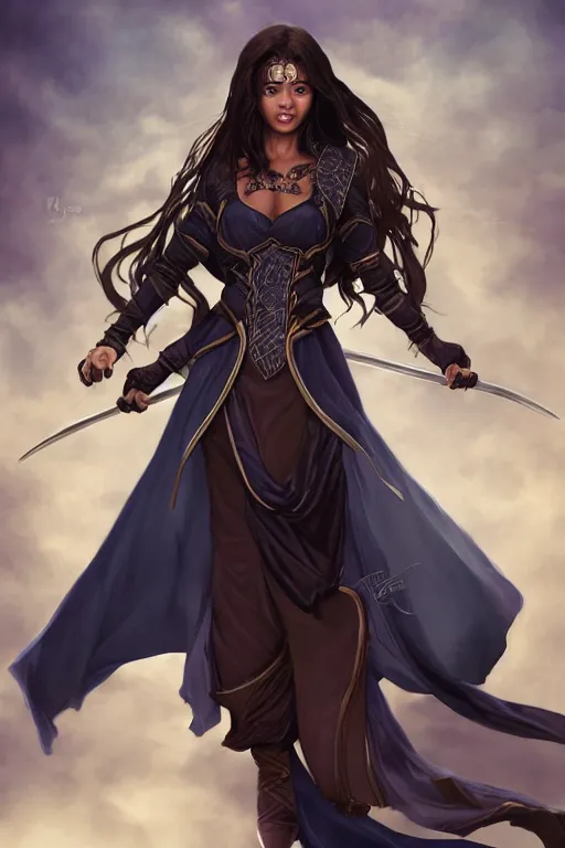 Prompt: Beautiful 40 years old Illusionist lady, dark brown skin, dark brown hair, straight hair, Dark blue and White robes, multiple floating swords, wife, high fantasy, love interest, artstation, trending in deviantart, artstationHD, artstationHQ