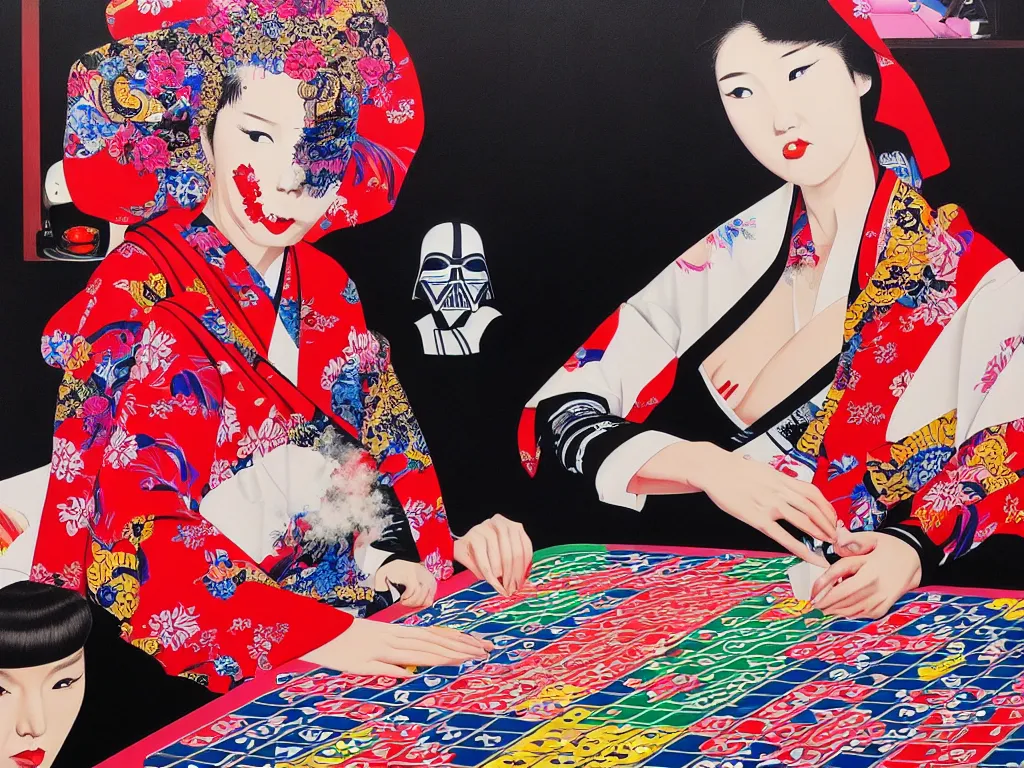 Image similar to hyperrealism composition of the detailed woman in a japanese kimono sitting at an extremely detailed poker table with darth vader, fireworks on the background, pop - art style, jacky tsai style, andy warhol style, acrylic on canvas