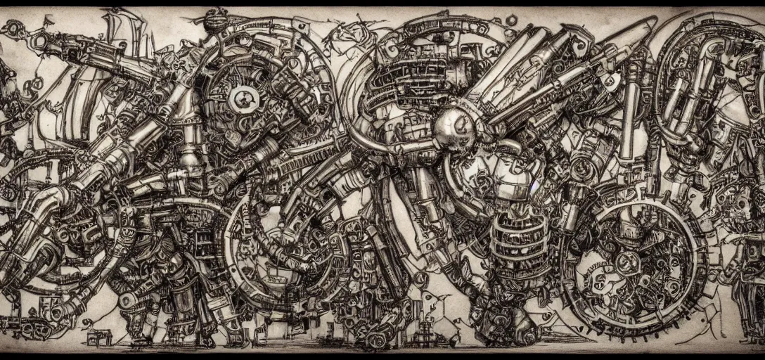 Image similar to mechagodzilla, steampunk automaton, mechanical, renaissance style drawing, alchmical sketch, mutant, detiled, clockwork, 4 k, fineart, anatomy of a machine, sketch by leonardo da vinci