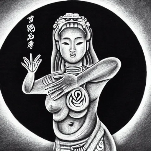 Image similar to a drawing of a woman giving birth to yin - yang daoist symbol, black and white detailed pencil drawing gaia