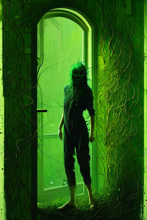 Image similar to detailed painting of person made of green vines opening a door, plants, horror, gritty, elegant, luxury, by ismail inceoglu dragan bibin hans thoma greg rutkowski alexandros pyromallis nekro rene maritte illustrated, perfect face, fine details, realistic shaded