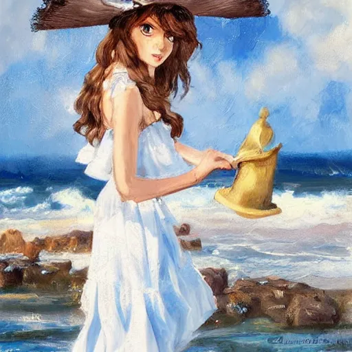 Prompt: dancing brunette milk maid woman wearing a pirate hat. Blue and white dress. Shore seascape in the style of Krenz Cushart