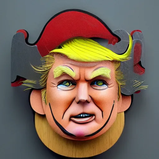 Image similar to a cuckoo clock that looks like donald trump, artistic, high quality, trending on art station, colorful, amazing, funny