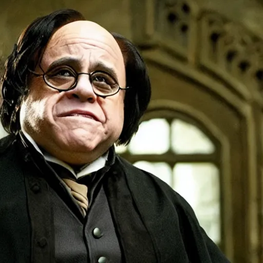 Image similar to Danny Devito as Serverus Snape, still image from Harry Potter movie