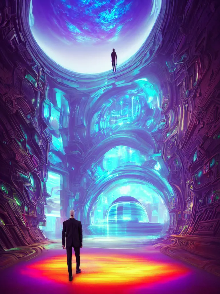 Prompt: entrance to ethereal realm, god waiting, octane render, central composition, symmetrical composition, dreamy colorful cyberpunk colors, 6 point perspective, fantasy landscape with anthropomorphic!!! terrain!!! in the styles of igor morski, jim warren, and rob gonsalves, intricate, hyperrealistic, volumetric lighting, neon ambiance, distinct horizon