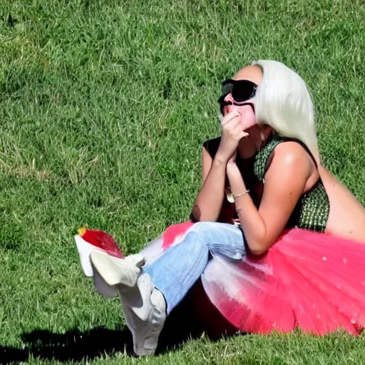 Image similar to lady gaga eating watermelon sitting on the streen, flies flying around