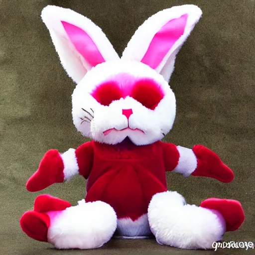 Image similar to an adorable crimson bunny creature with heart patters on its fur