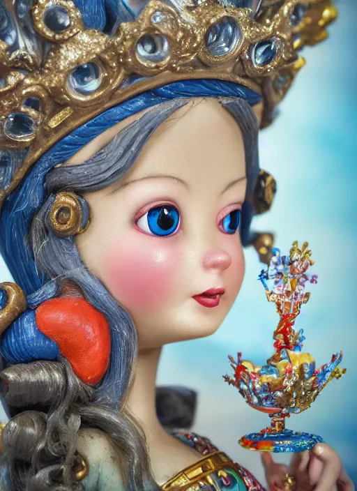 Image similar to closeup face profile portrait of tin toy catherine of alexandria as a fairytale princess wearing a crown eating cakes, bikini, depth of field, zeiss lens, detailed, symmetrical, centered, fashion photoshoot, by nicoletta ceccoli, mark ryden, lostfish, breathtaking, 8 k resolution, extremely detailed, beautiful, establishing shot, artistic, hyperrealistic, octane render