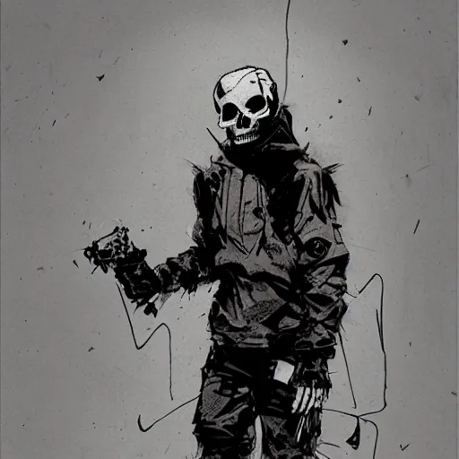 Image similar to skull, creative design, cyberpunk, techwear, full body portrait, character design, graffiti, by Ashley Wood and Jamie Hewlett