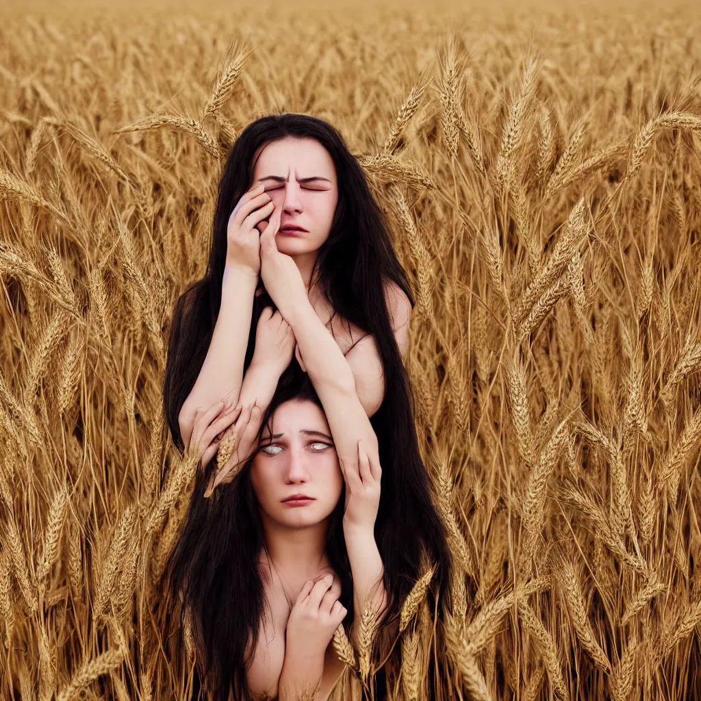 Prompt: A 25 years old Paludnitsa crying in a wheat field. Long black hair, perfect face, beautiful eyes, smooth, sharp focus, vivid colors, highly detailed, digital art, 4k, medium shot.