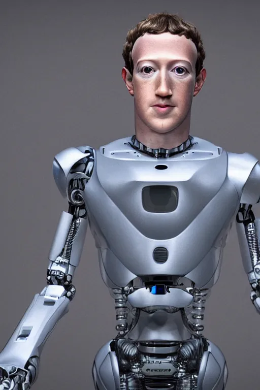 Image similar to mark zuckerberg as a robot, photorealistic, cinematic lighting, highly detailed, very intricate, by hr geiger