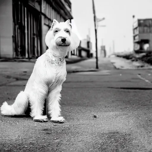 Image similar to photo of a white schnauzer dog with open feathered wings on his back sitting on the street of an abandoned dystopic city, hyprrealism, 5 5 mm photo
