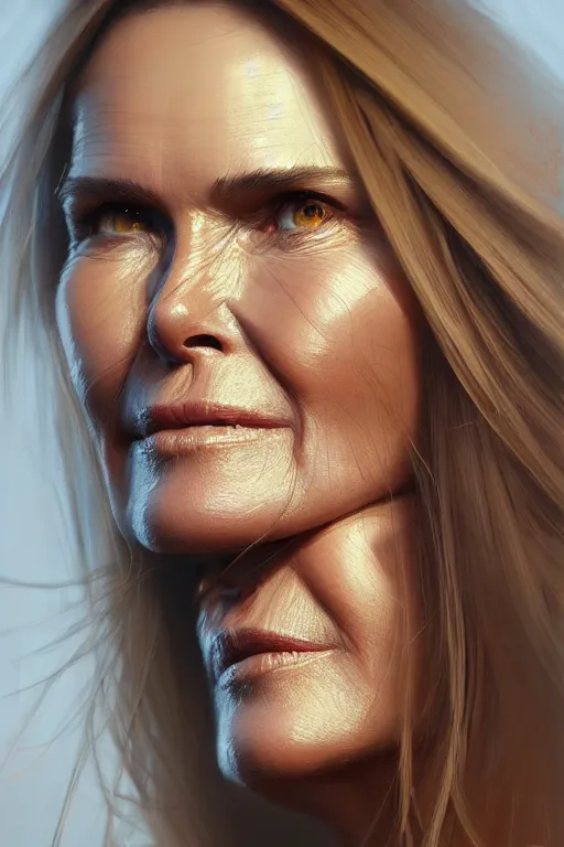 Image similar to ultra detailed close up facial portrait of elle macpherson, extremely detailed digital painting, in the style of fenghua zhong and ruan jia and jeremy lipking and peter mohrbacher, mystical colors, rim light, beautiful lighting, 8 k, stunning scene, raytracing, octane, trending on artstation