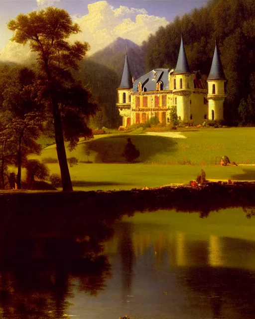 Prompt: beautiful illustration of chateau in a serene landscape, by albert bierstadt, magic realism, narrative realism, beautiful matte painting, 4 k hd wallpaper