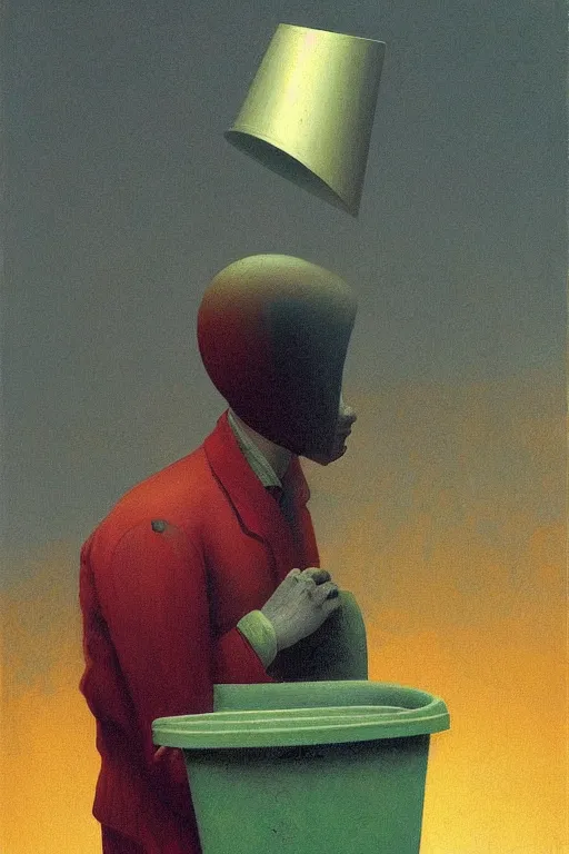 Image similar to a man wearing a trash bin through her head Edward Hopper and James Gilleard, Zdzislaw Beksinski highly detailed