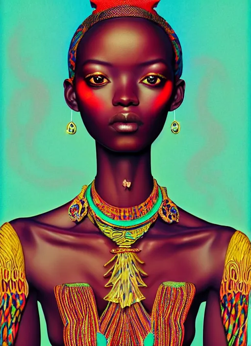 Prompt: pretty african model with hallucination avant garde : : by martine johanna and simon stalenhag and chie yoshii and casey weldon and wlop : : ornate, dynamic, particulate, rich colors, intricate, elegant, highly detailed, centered, vogue, fashion magazine, smooth, sharp focus, octane render, 8 k