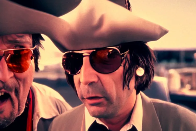 Prompt: captain sparrow and anton chigurh in fear and loathing in las vegas movie, everyone is on psychedelic drugs, cinematic still, movie still, long lens, shallow depth of field, bokeh, anamorphic lens flare, 8 k