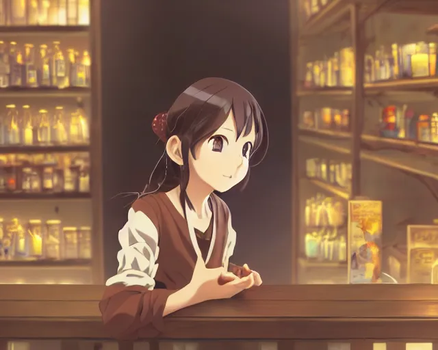 Image similar to anime visual, portrait of a young female traveler in a alchemist's potion shop interior, cute face by yoh yoshinari, katsura masakazu, cinematic luts, cold studio lighting, dynamic pose, dynamic perspective, strong silhouette, anime cels, ilya kuvshinov, cel shaded, crisp and sharp, rounded eyes, moody