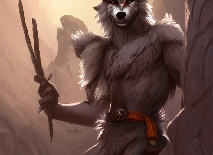 Image similar to smug smirk sardonic character portrait feature of the anthro male anthropomorphic wolf fursona animal person wearing tribal primitive caveman outfit belt standing in the entrance to the cave, well framed character design stylized by charlie bowater, ross tran, artgerm, makoto shinkai, detailed, soft lighting, rendered in octane